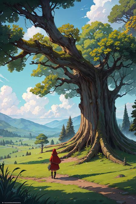 386842-3480861530-((masterpiece_1.2, concept art, highest detail, best quality)),welcoming,Red Riding Hood in front of magnificent gnarled ancient.png